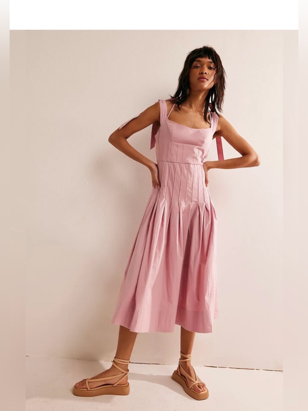 Free People Pink Tie Shoulder Open Back Pleated Midi Dress Small Boho